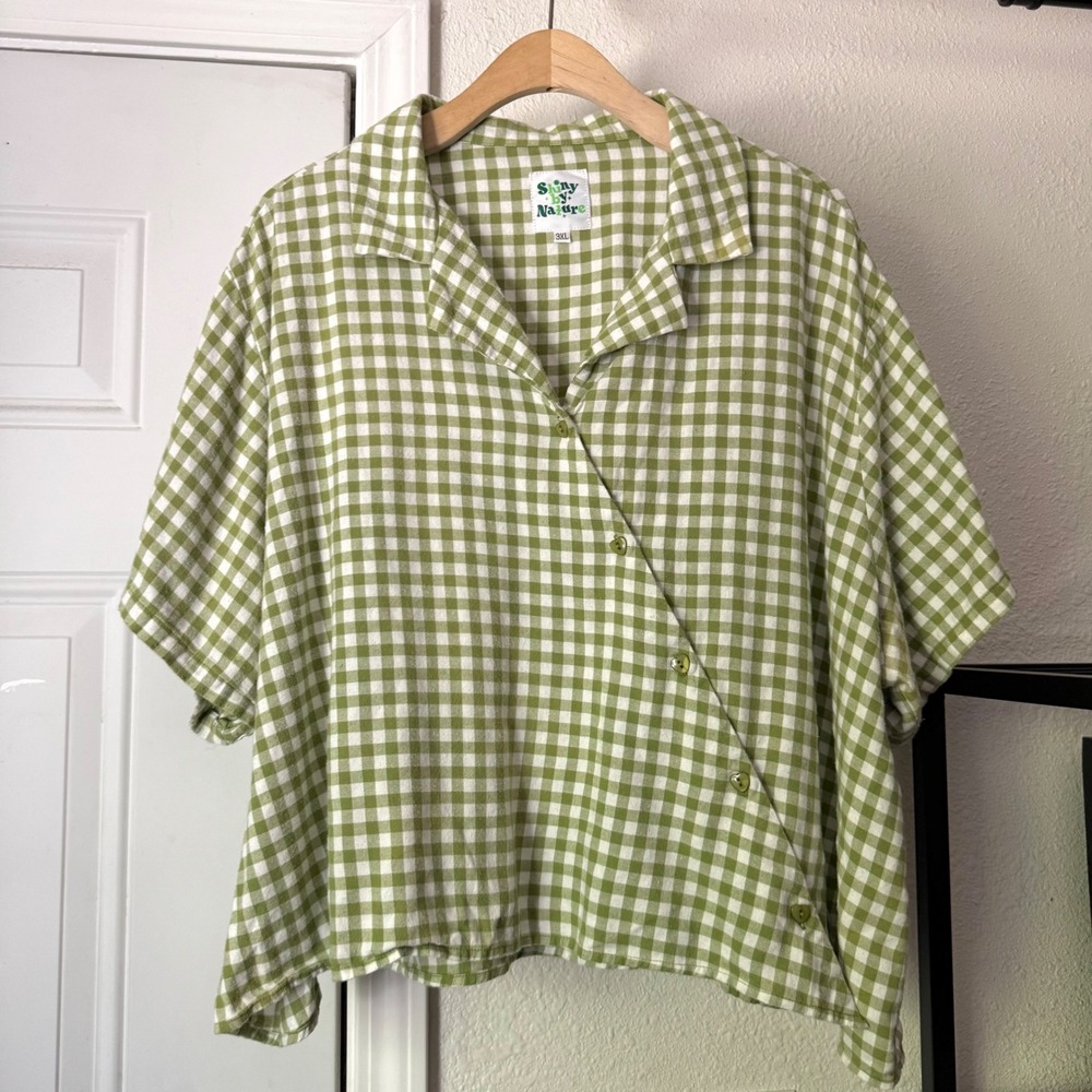 SHINY BY NATURE green white gingham plaid boxy short sleeve cotton cropped shirt